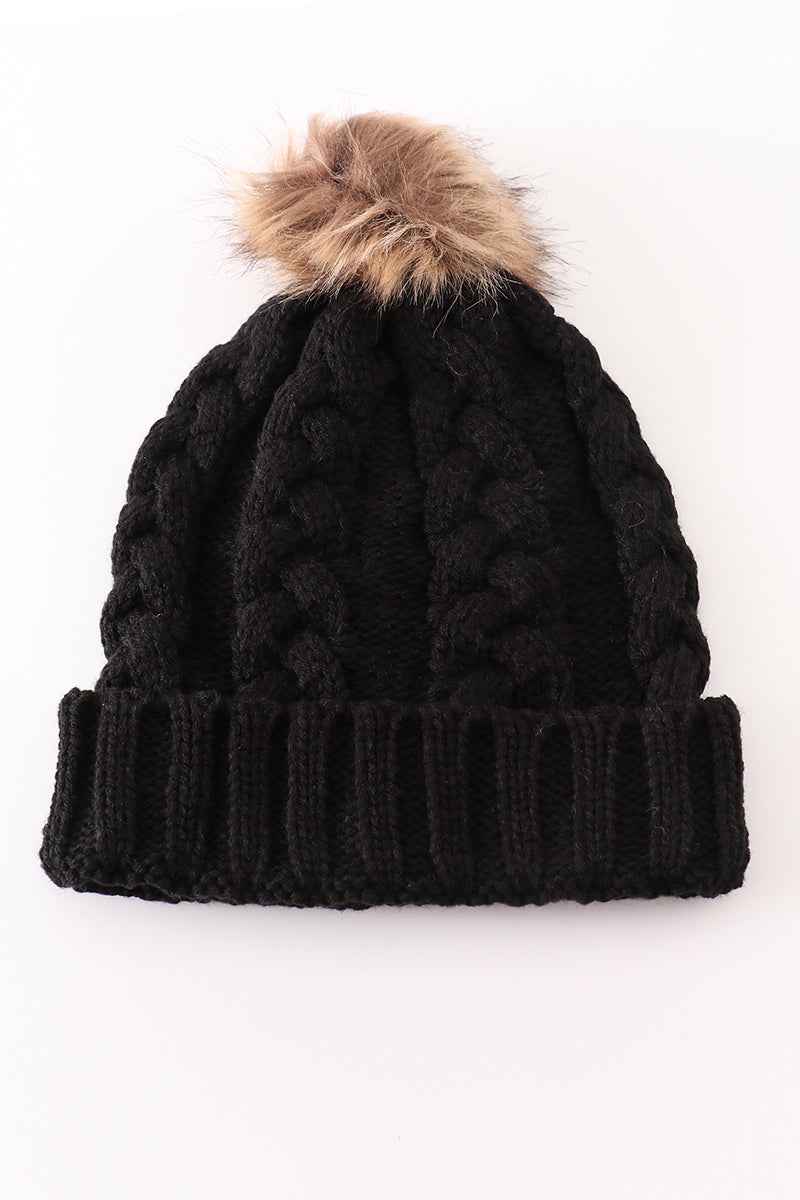 Black pompom cable beanie hat