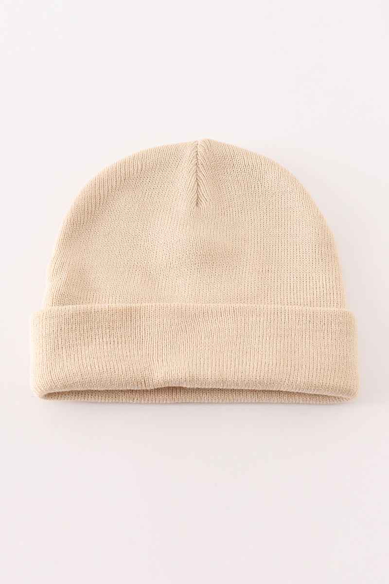 Beige ribbed basic knit beanie hat