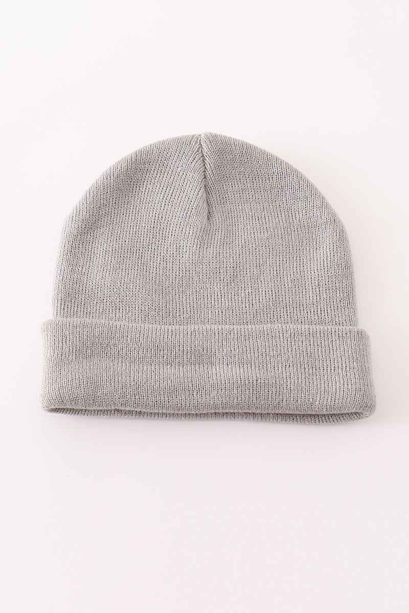 Grey ribbed basic knit beanie hat