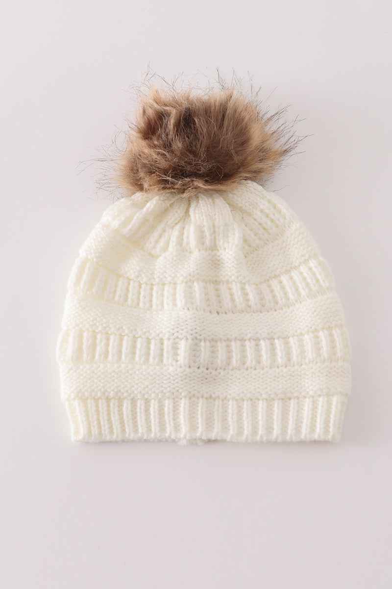 Ivory pompom cable beanie hat