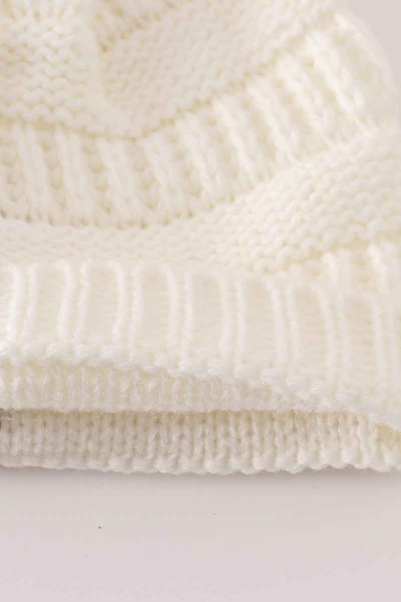 Ivory pompom cable beanie hat