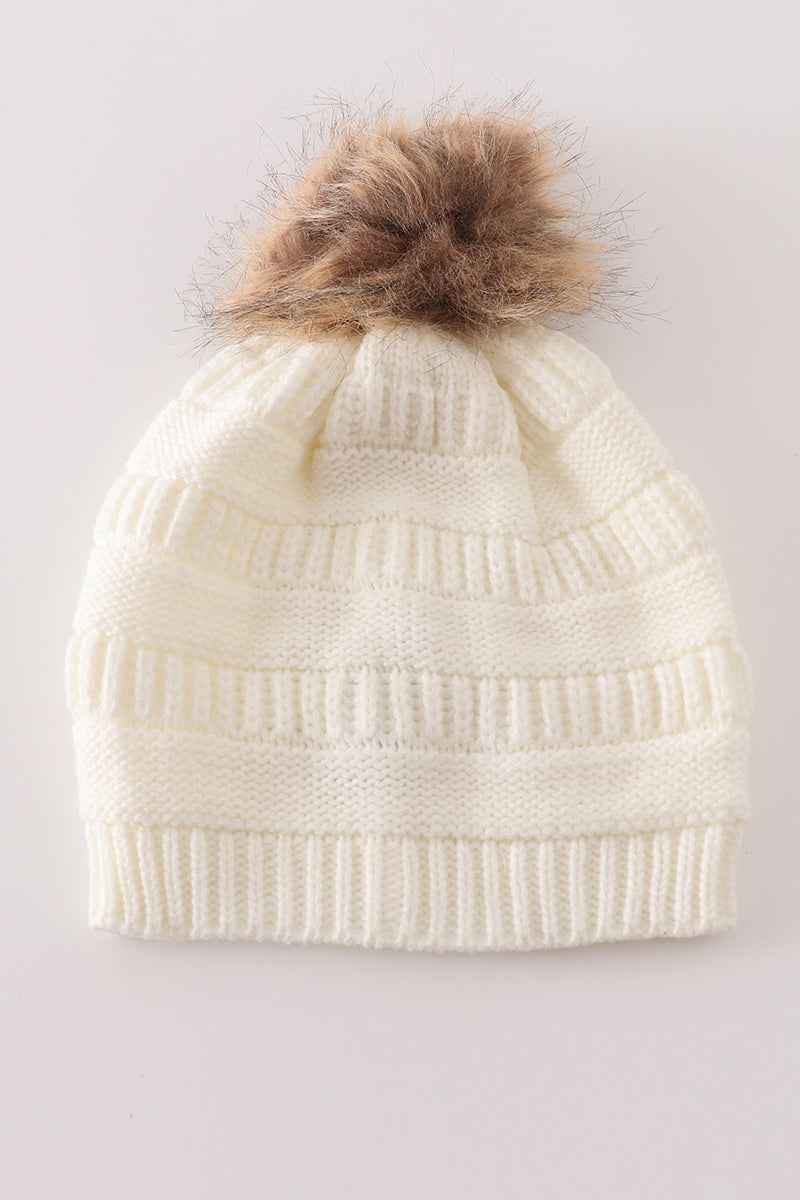 Ivory pompom cable beanie hat