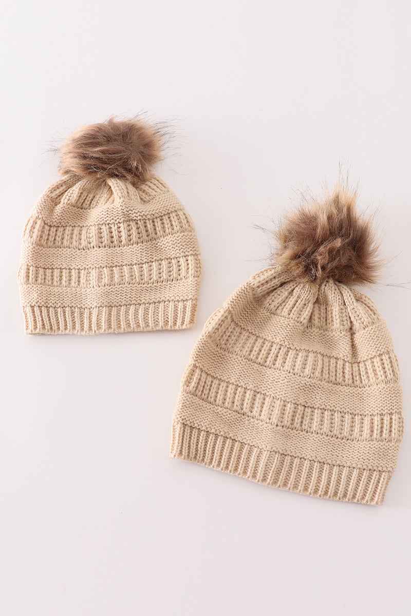 Beige pompom cable beanie hat