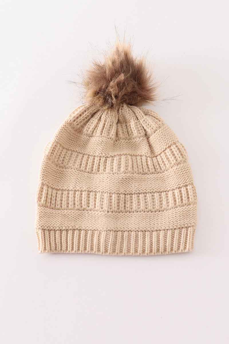 Beige pompom cable beanie hat