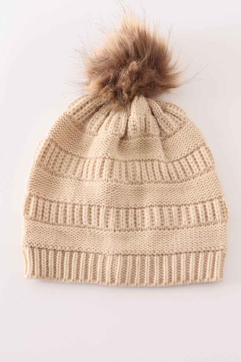 Beige pompom cable beanie hat