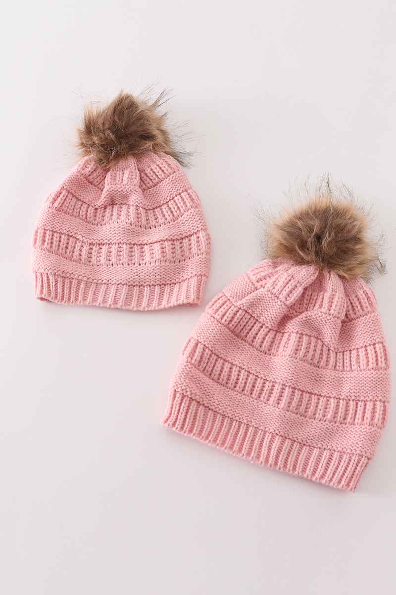 Pink pompom cable beanie hat