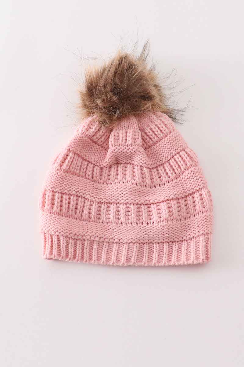 Pink pompom cable beanie hat