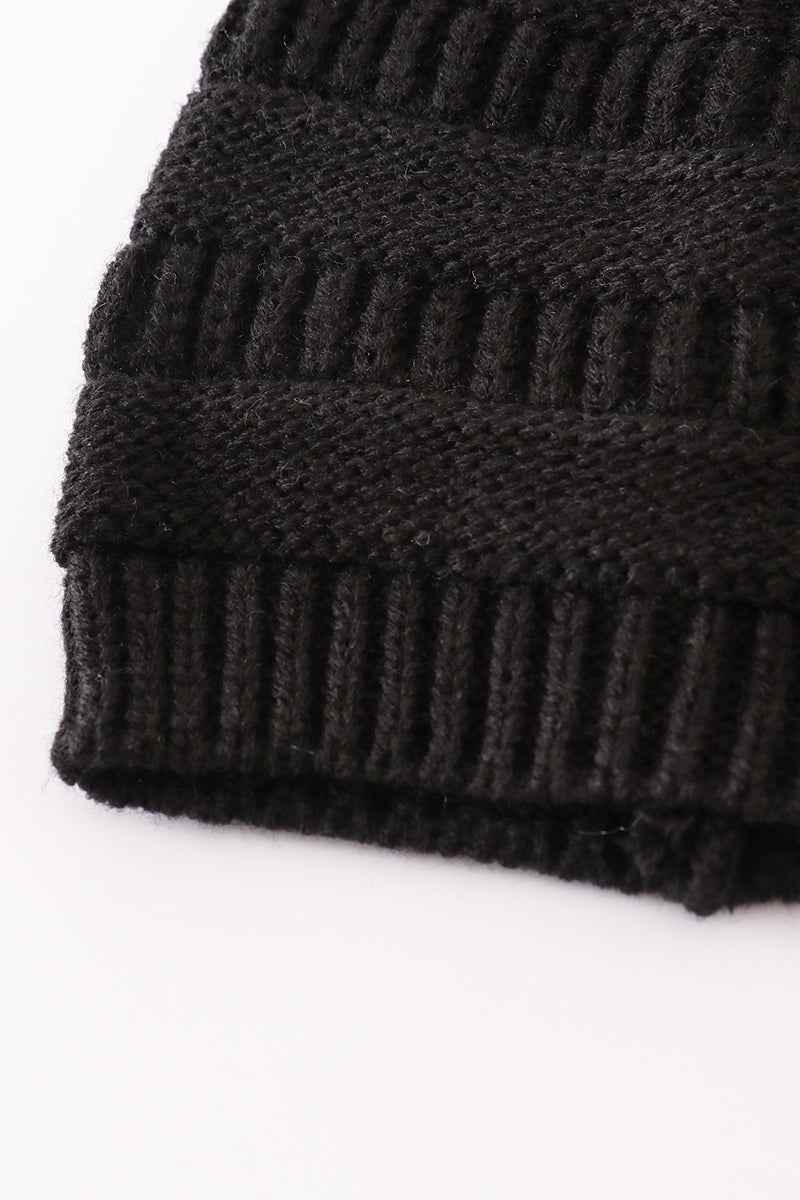 Black pompom cable beanie hat