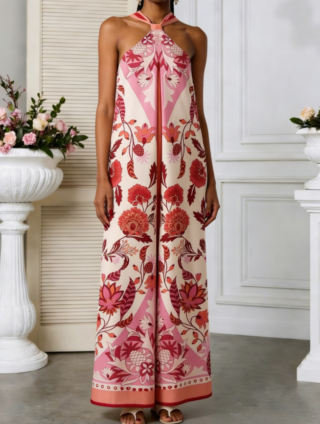 Printed Halter Neck Wide-Leg Jumpsuit