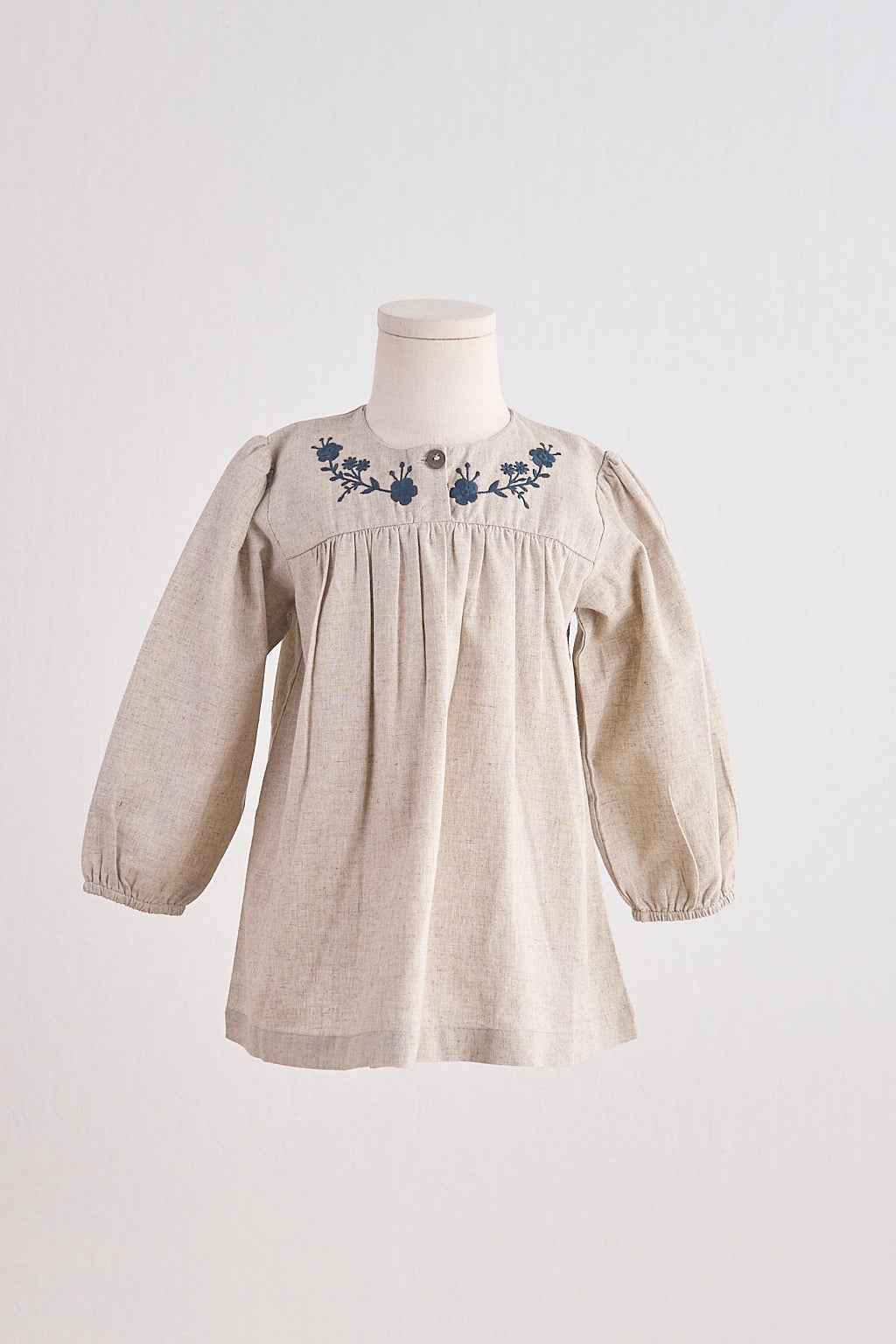 Gray floral embroidery linen girl dress
