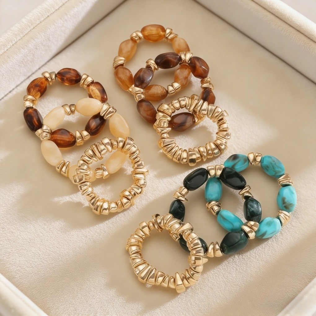 Vintage Irregular Resin Silver Chip Bracelet Set