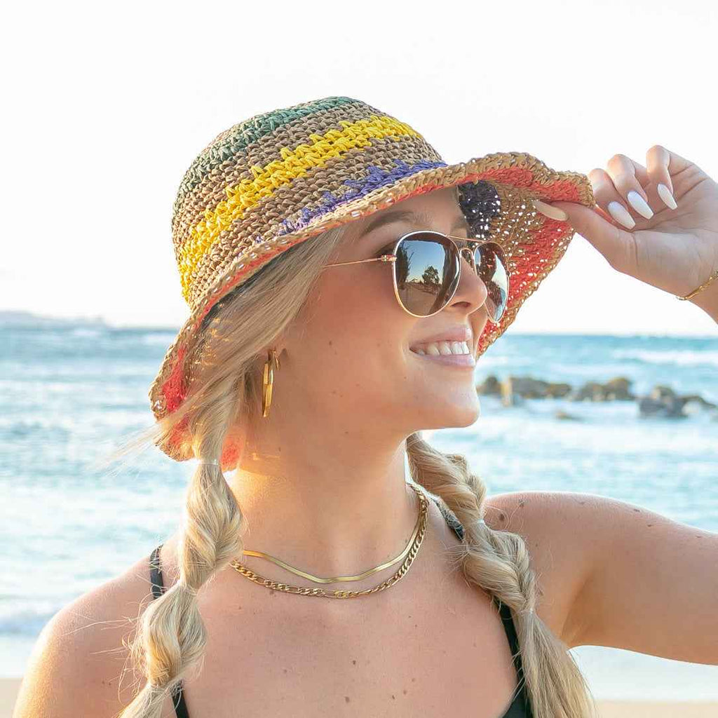 Rainbow Woven Straw Bucket Hat