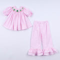 Pink christmas tree hand smocked ruffle pants set