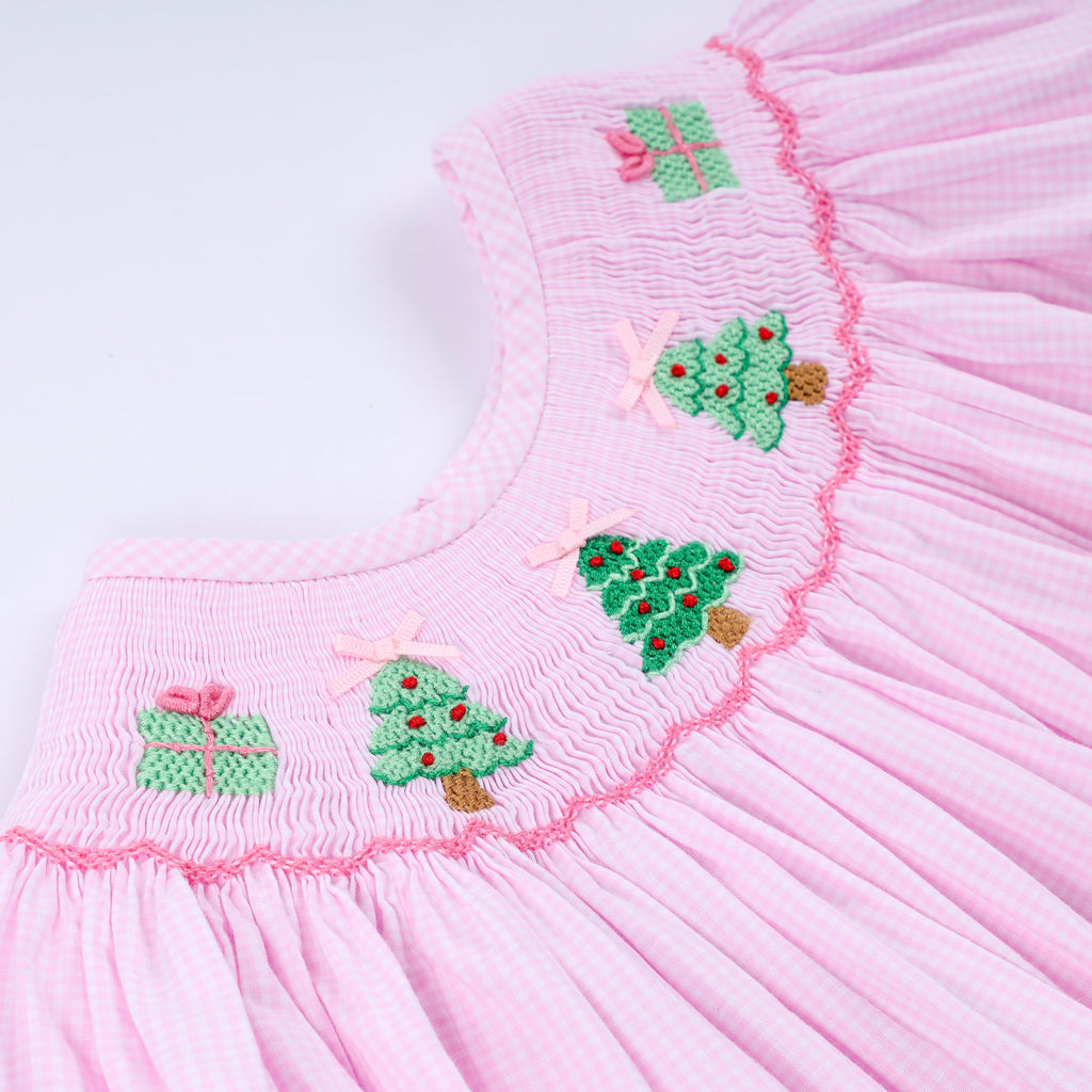 Pink christmas tree hand smocked ruffle pants set