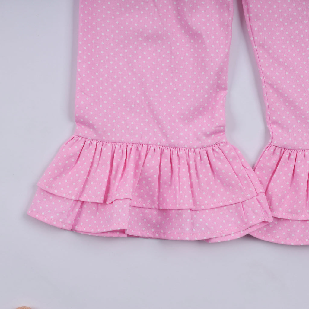Pink character hand smocked dot ruffle pants set