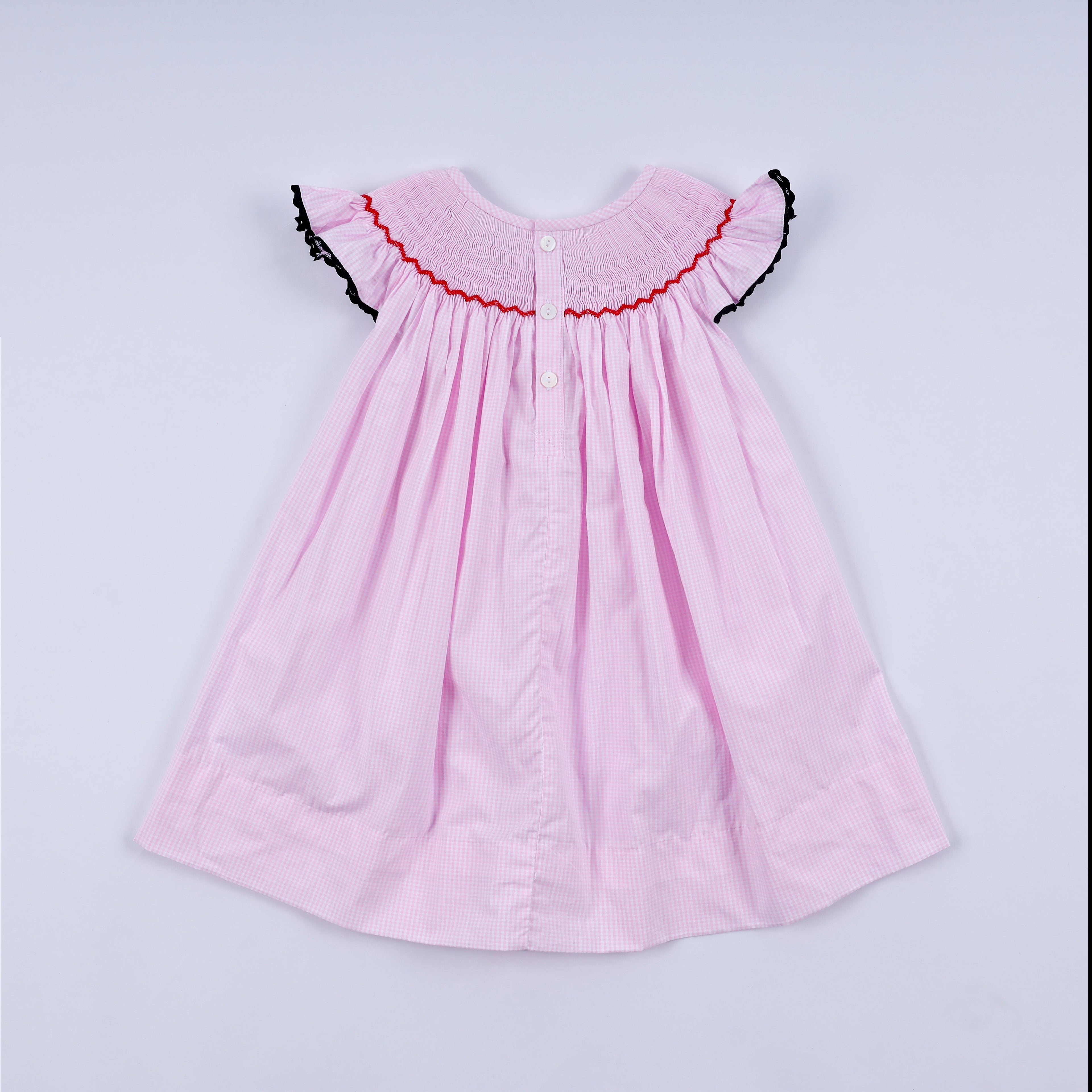 Red character hand smocked plaid ruffle dress