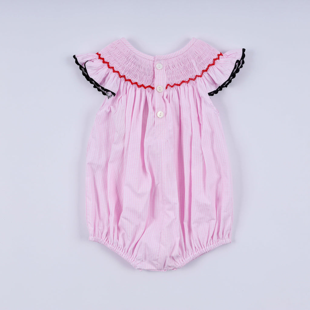 Red character hand smocked plaid ruffle bubble