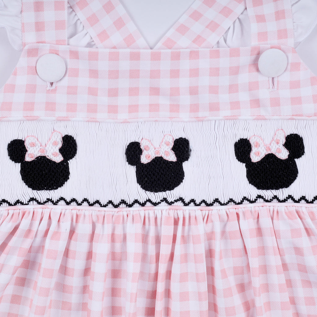 Pink character hand smocked gingham ruffle dress