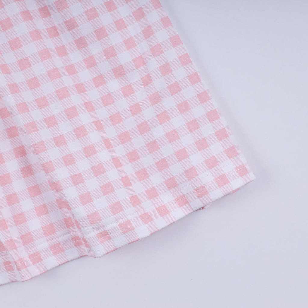 Pink character hand smocked gingham ruffle dress