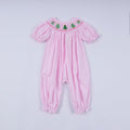 Pink christmas tree hand smocked ruffle romper