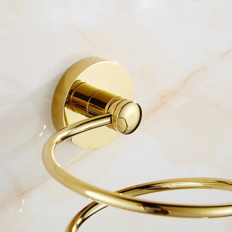 Luxury Shower Bathroom Accessories Set, Towel Ring, Paper Holder, Coat Hook, Toilet Brush, Polished Gold, Bath Hardware