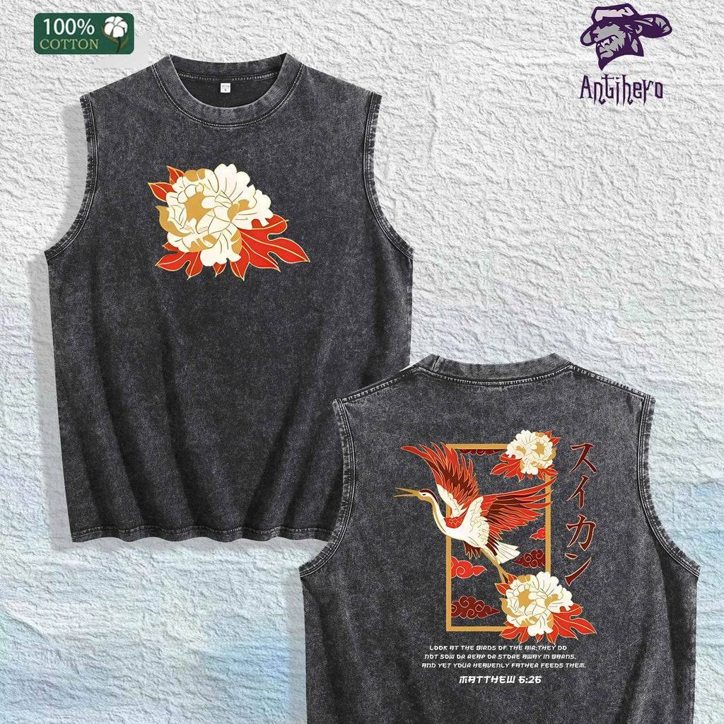 Oriental Peony & Crane Graphic Washed Vest US Warehouse 3 Colors Cotton Tank