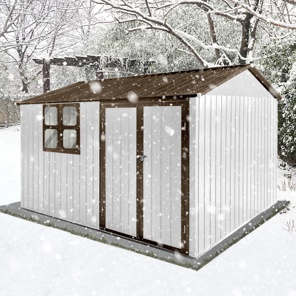 Outdoor Storage Sheds 10X8FT Apex Roof in Brown Roof+White Walls Without Foundation