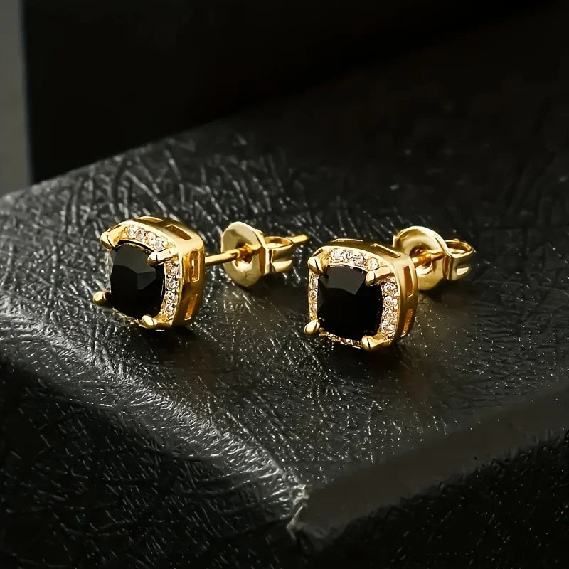 USA Warehouse Square Black Diamond Stud Christmas Gifts Jewelry Men Women 5A Cubic Zirconia 14K Gold Plated Rectangle CZ Earring
