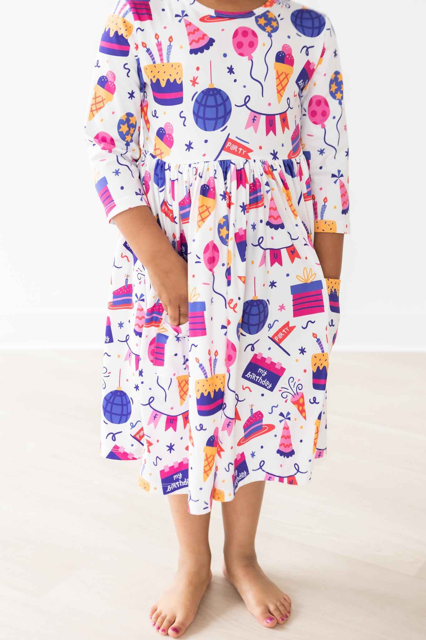 Happy Birthday 3/4 Sleeve Pocket Twirl Dress