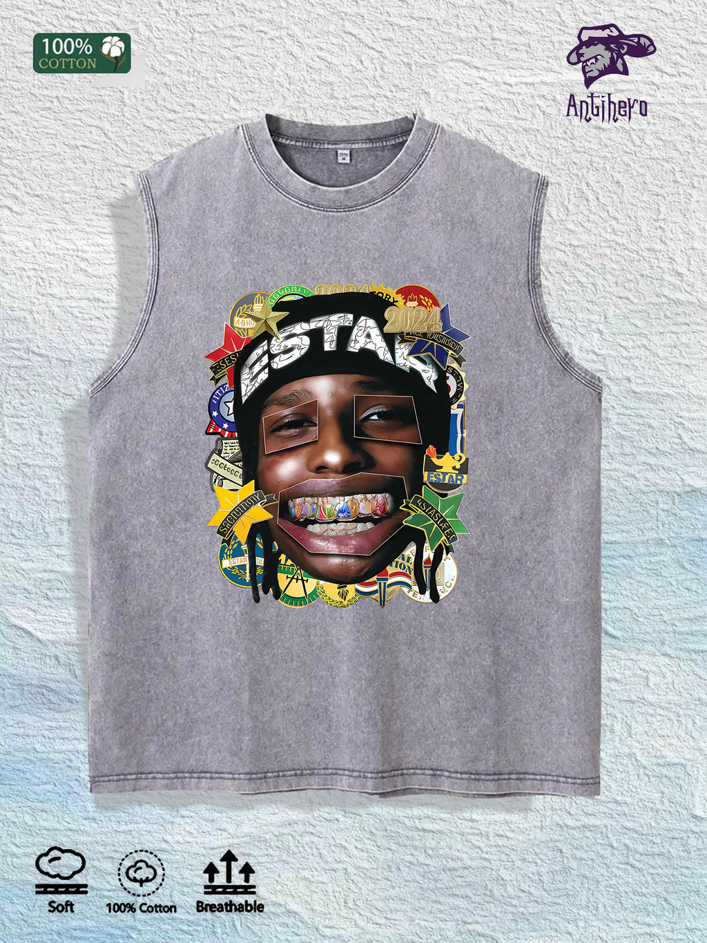 ESTAR 2024 Graphic Washed Vest US Warehouse 3 Colors Cotton Tank