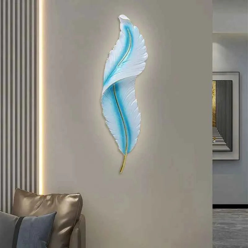 Modern Minimalist LED Luxury Feather Fine Carved Pattern Framed Hanging Channel Decoration Wall Lamps for Bedroom Walls