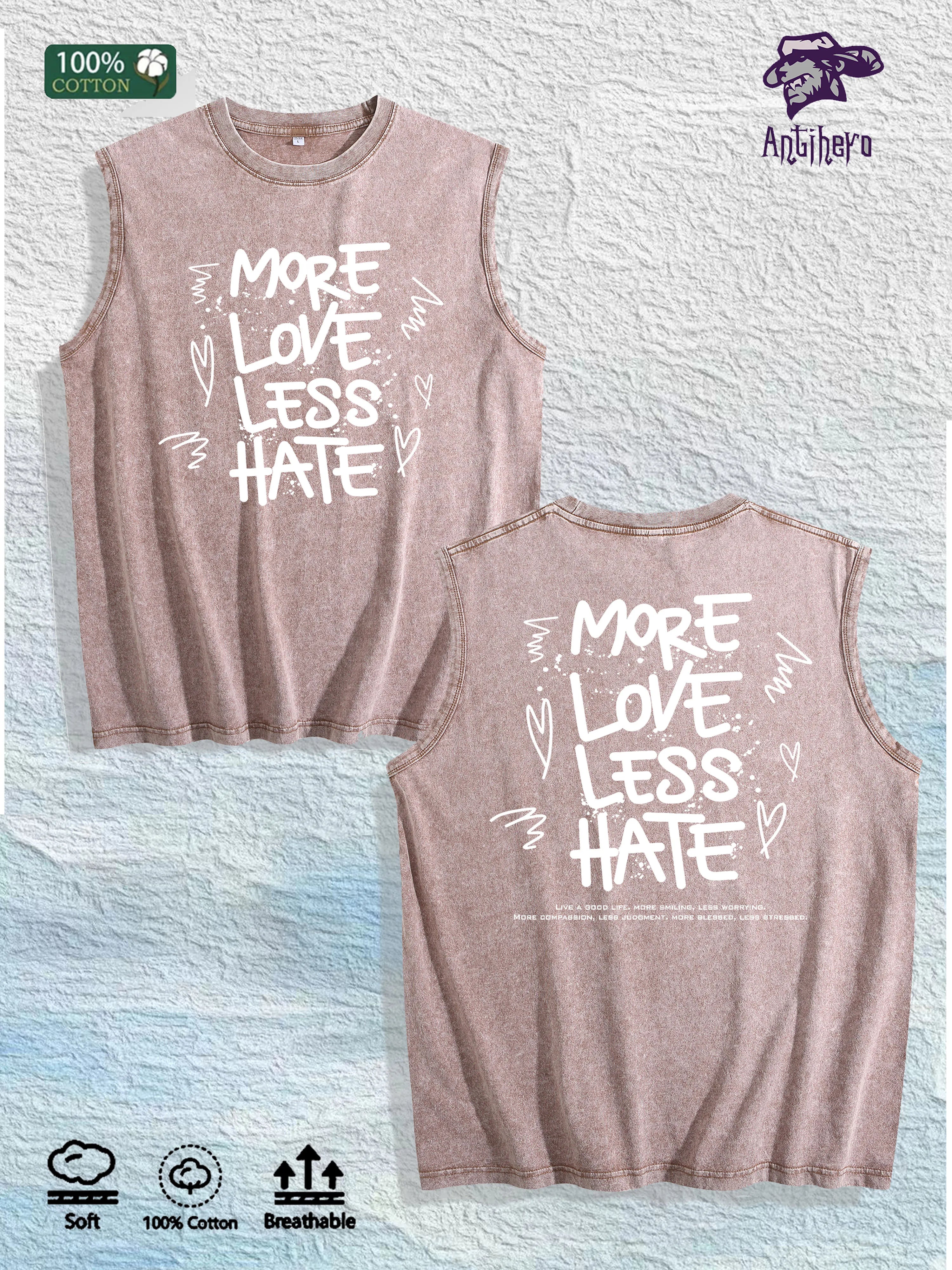 MORE LOVE LESS HATE Graphic Washed Vest US Warehouse 3 Colors Cotton Tank