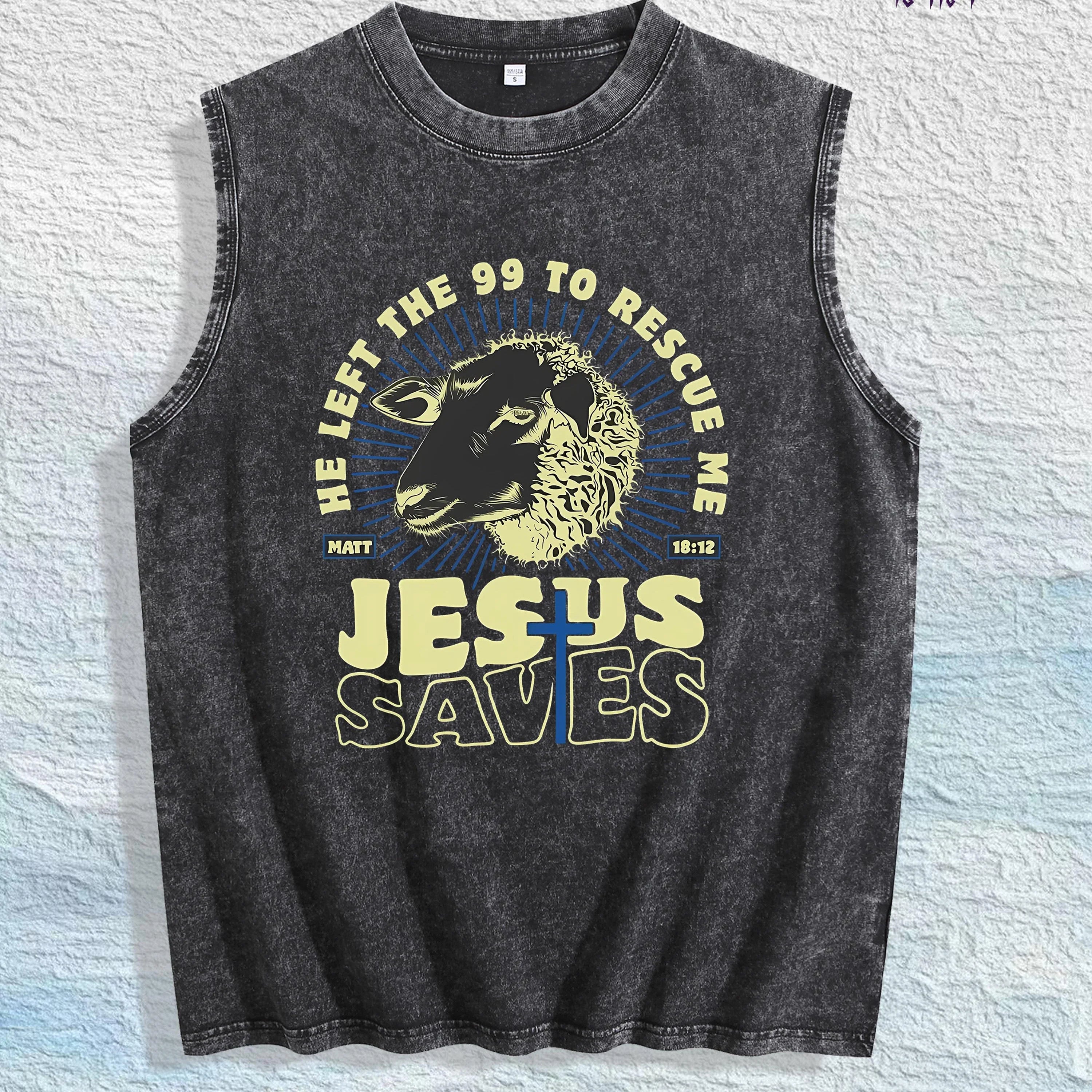 Biblical Jesus Saves" Sheep Graphic Washed Vest US Warehouse 3 Colors Cotton Tank