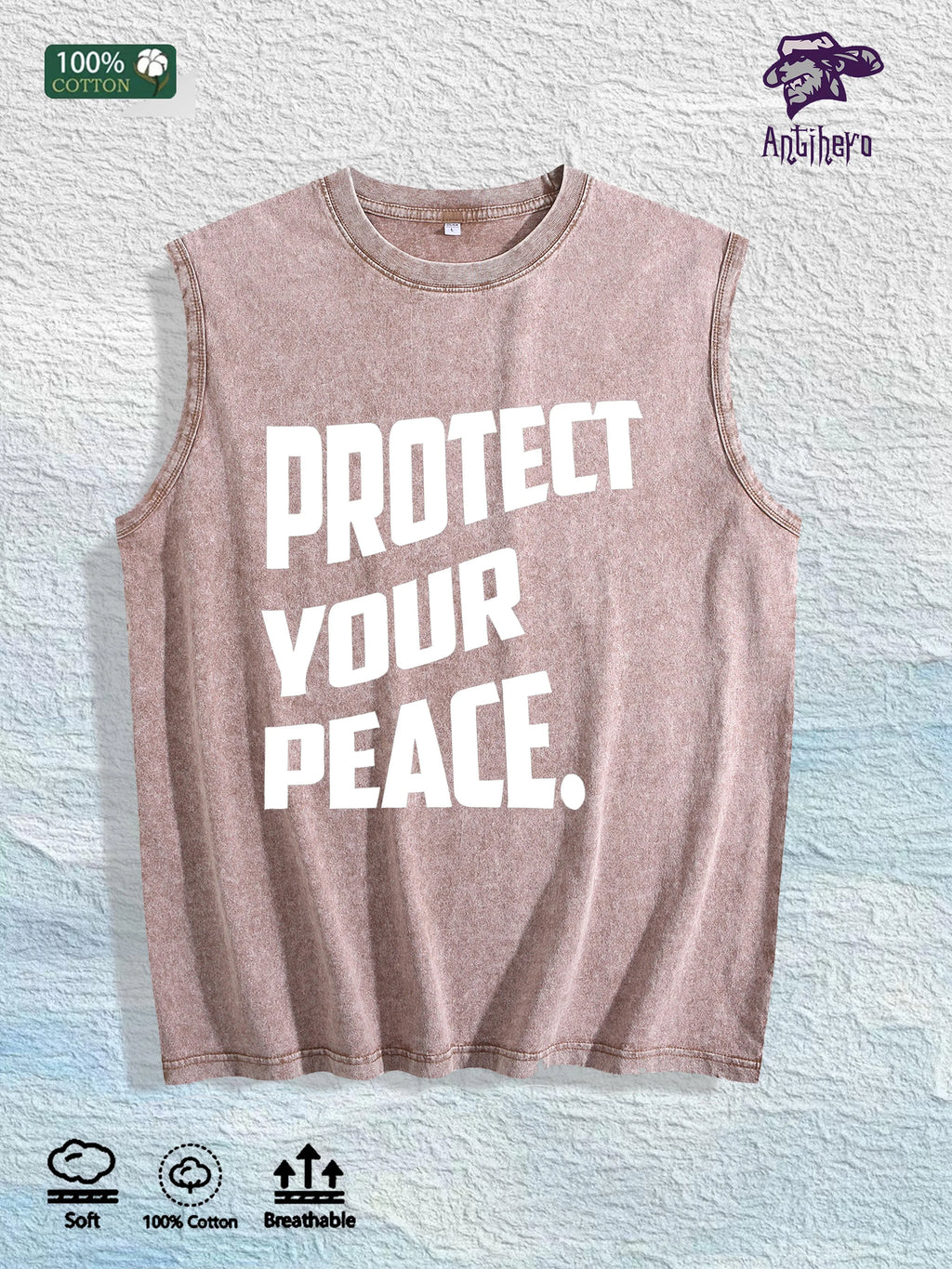 PROTECT YOUR PEACE Slogan Graphic Washed Vest US Warehouse 3 Colors Cotton Tank