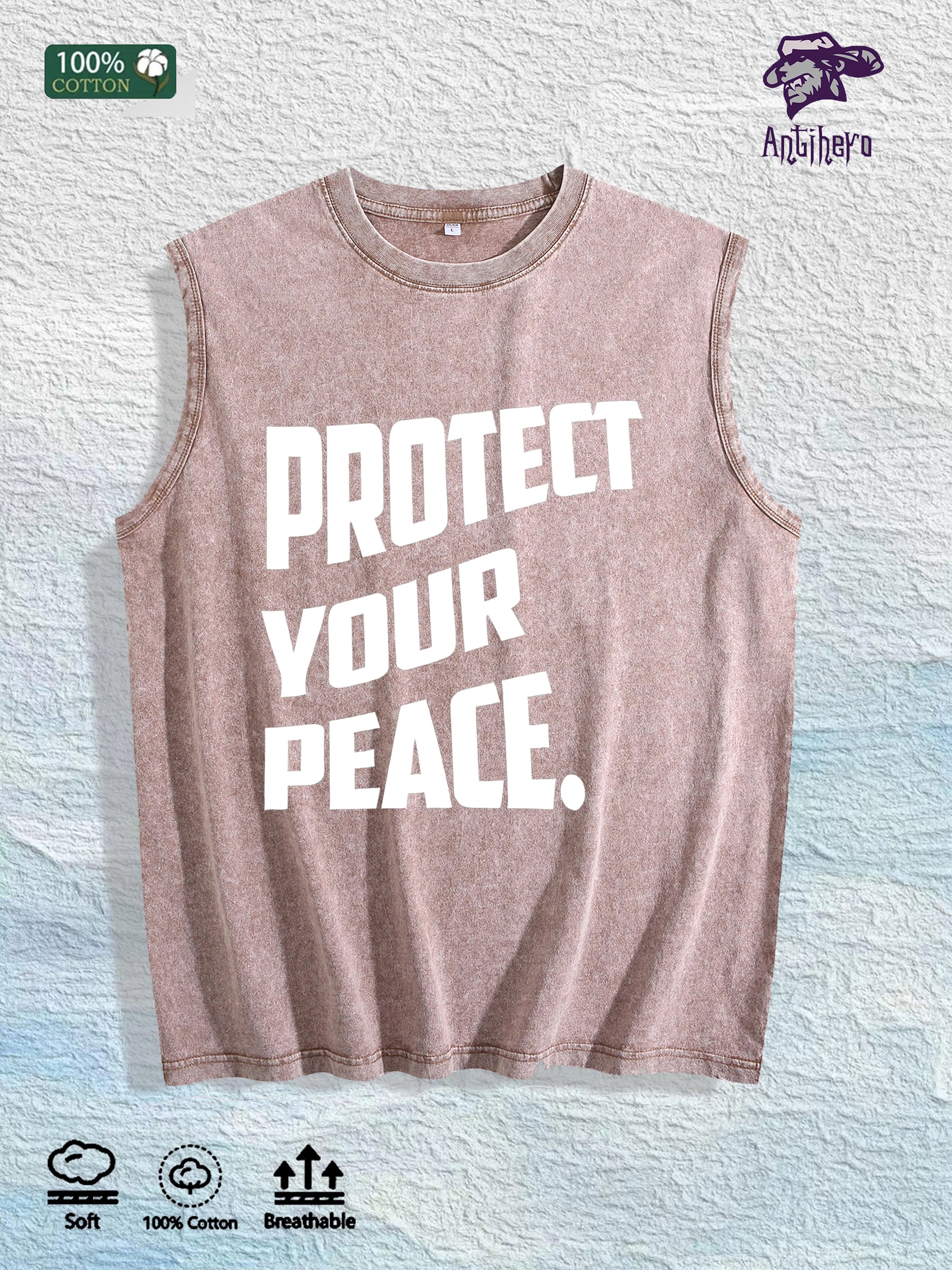 PROTECT YOUR PEACE Slogan Graphic Washed Vest US Warehouse 3 Colors Cotton Tank