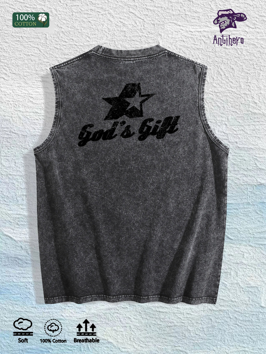 God s Gift Graphic Washed Vest US Warehouse 3 Colors Cotton Tank