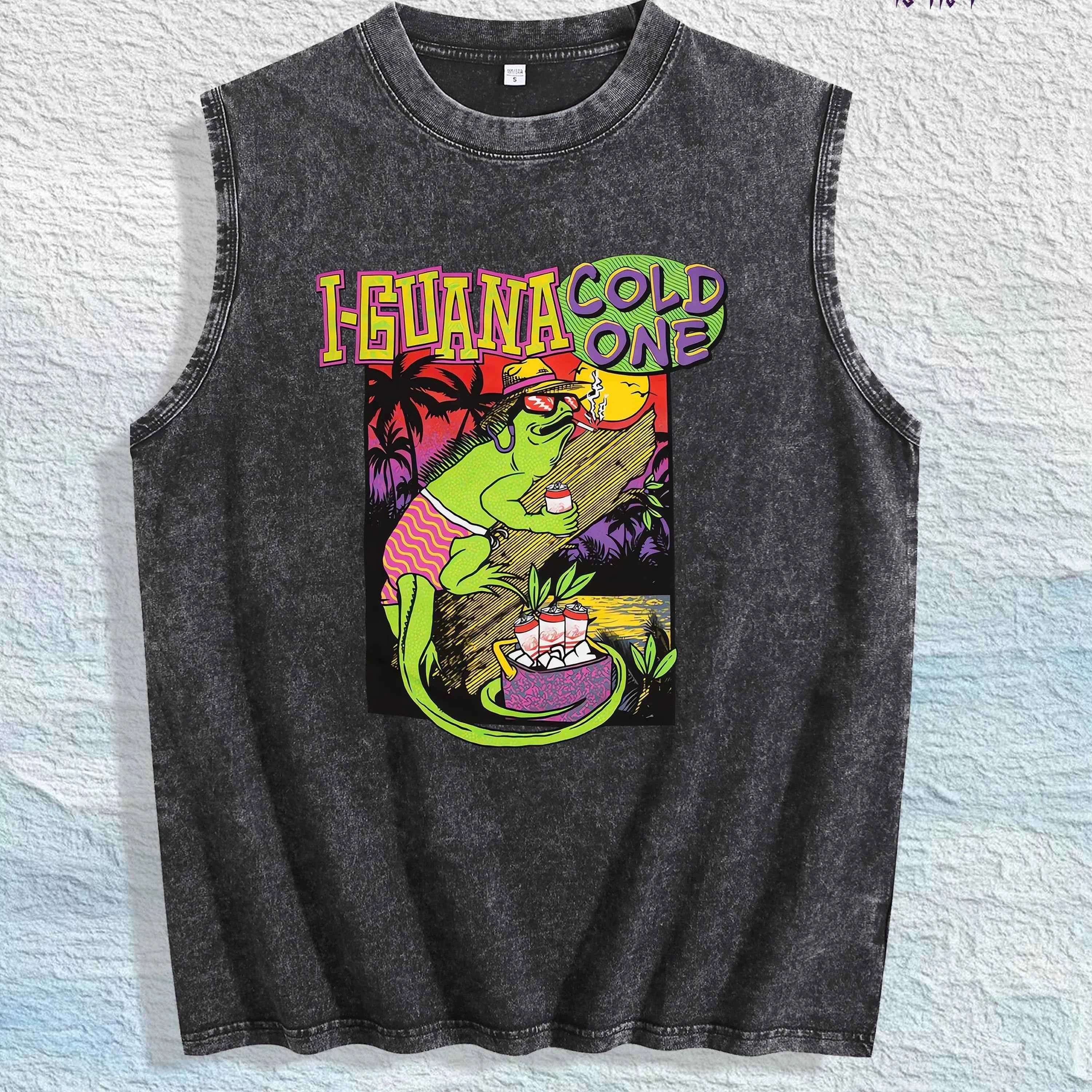 I - GUANA COLD ONE Graphic Washed Vest US Warehouse 3 Colors Cotton Tank