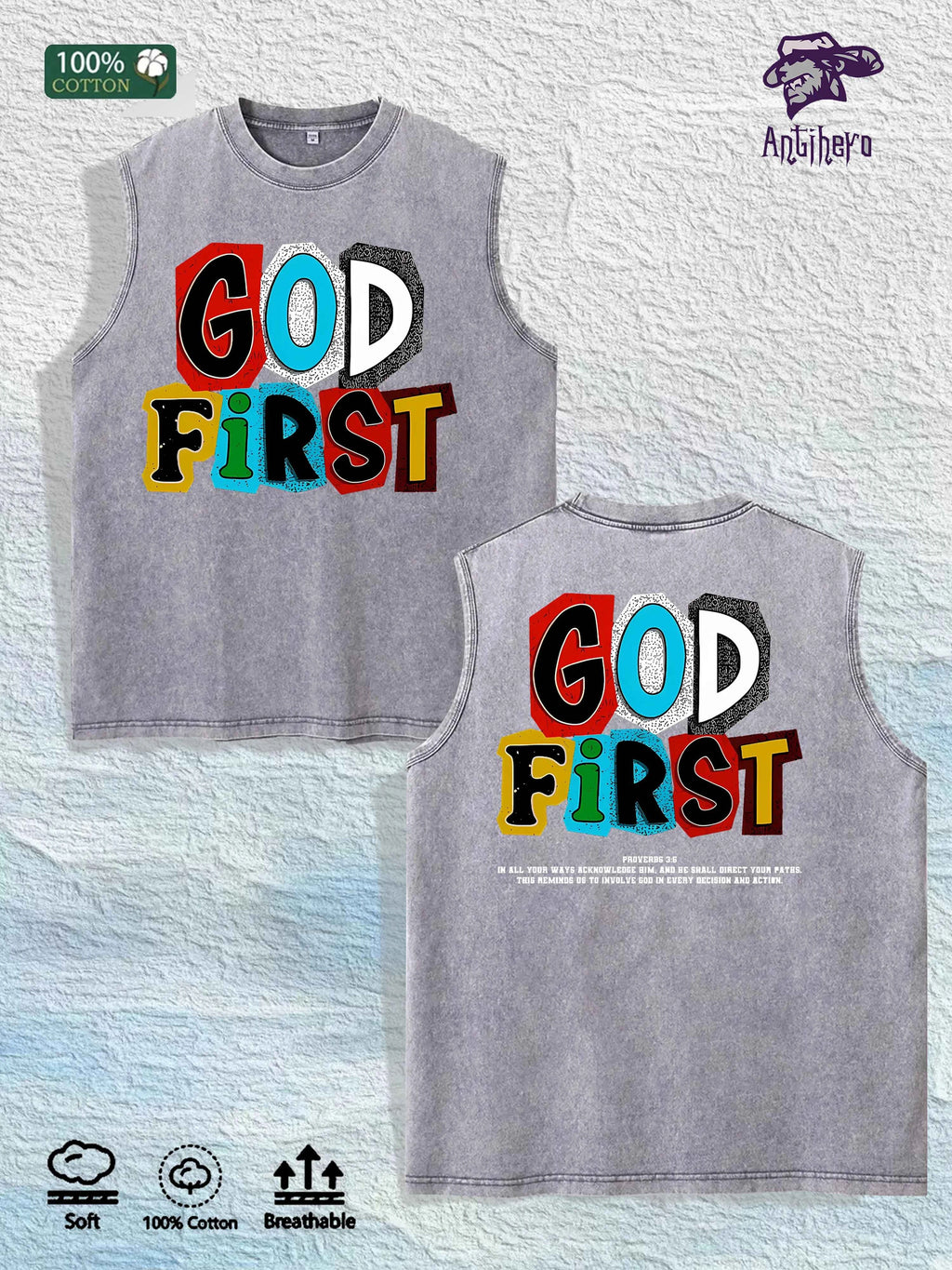 GOD FIRST Graphic Washed Vest US Warehouse 3 Colors Cotton Tank