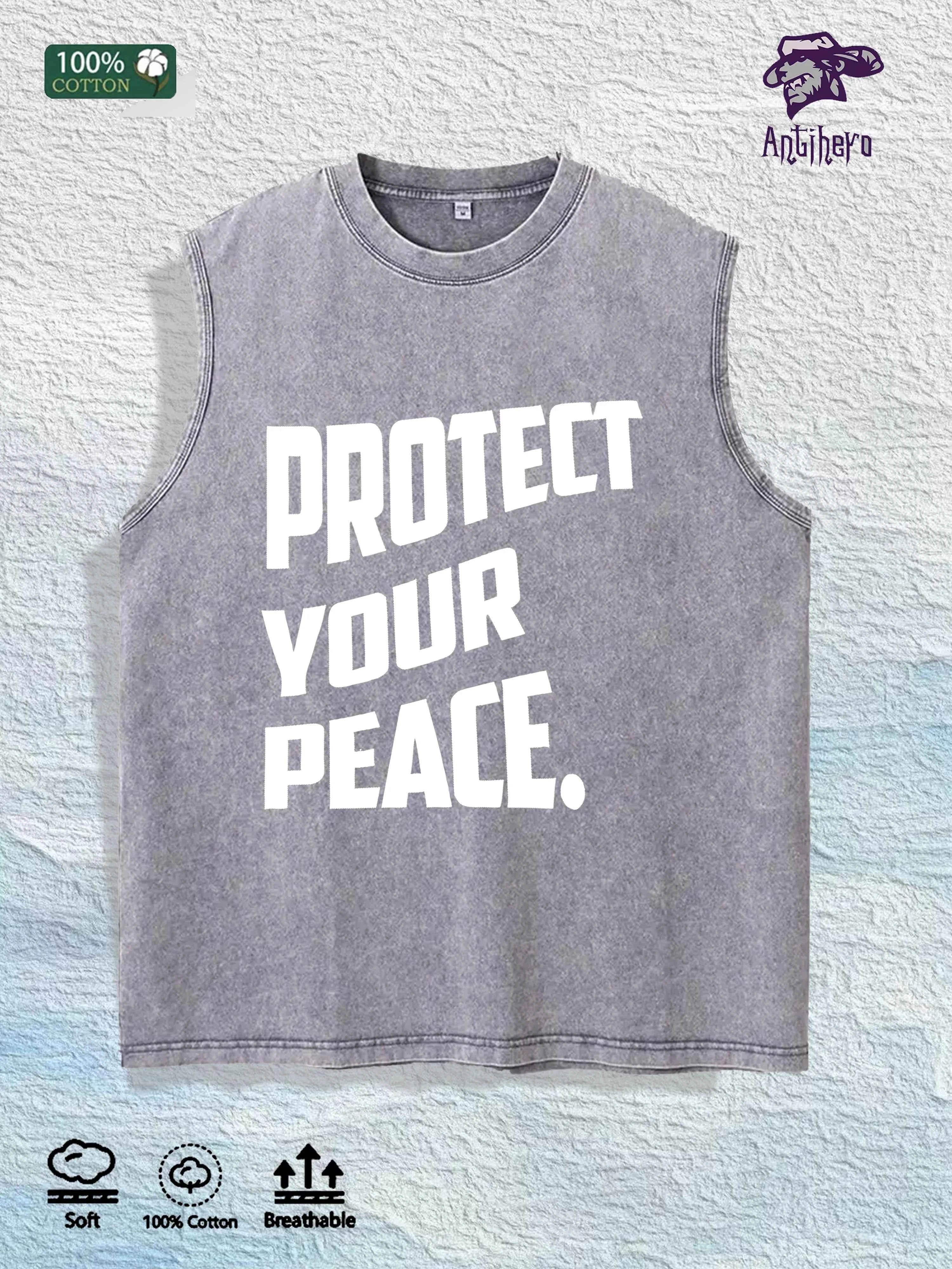 PROTECT YOUR PEACE Slogan Graphic Washed Vest US Warehouse 3 Colors Cotton Tank