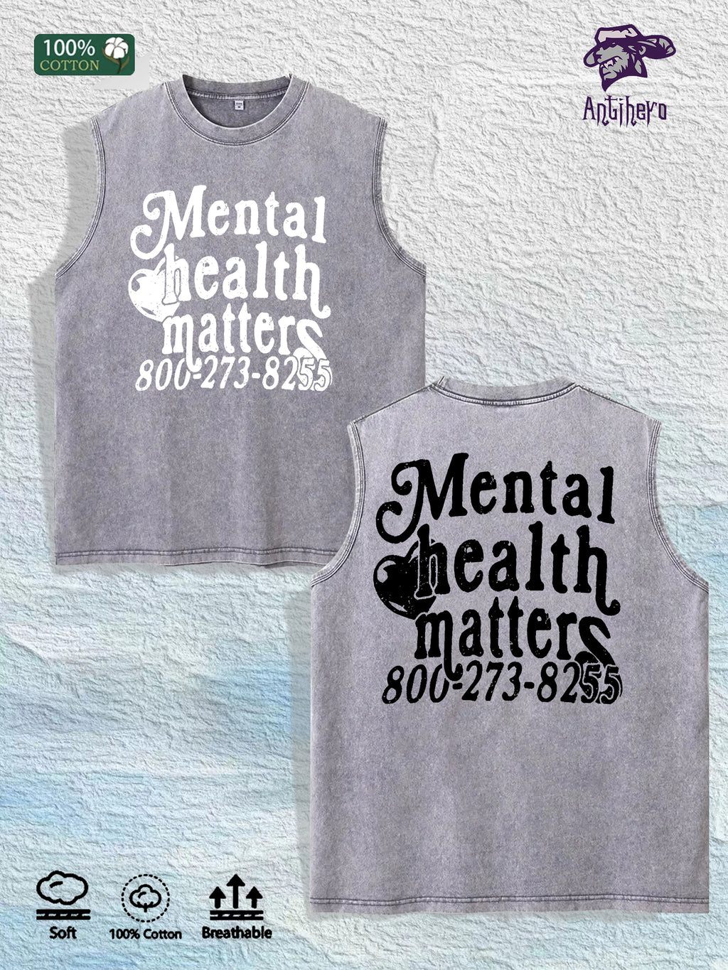 Mental Health Matters Graphic Washed Vest US Warehouse 3 Colors Cotton Tank