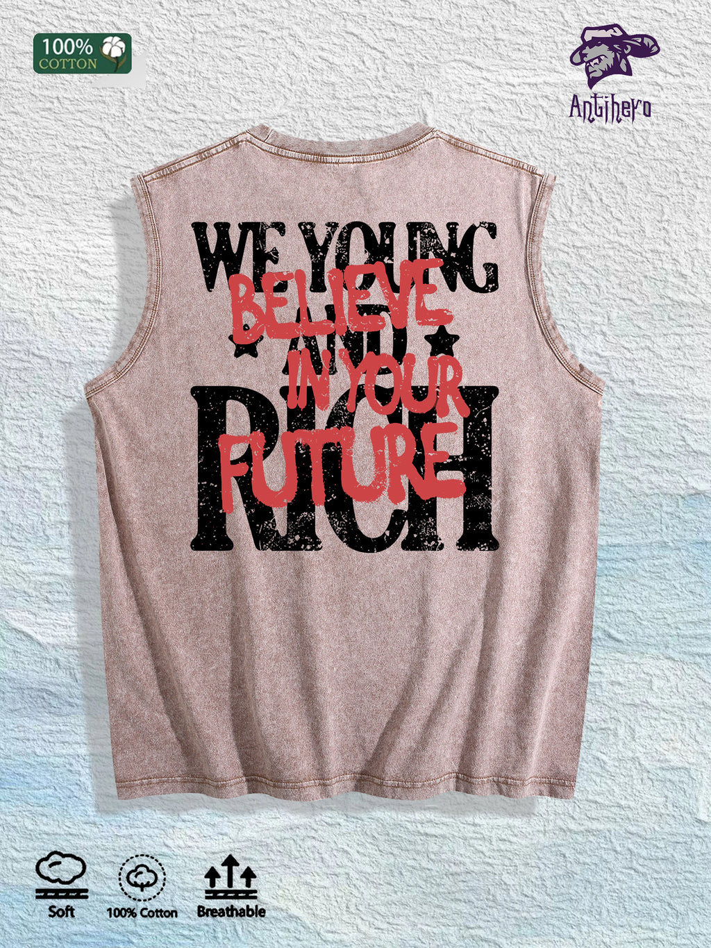 Young Rich Future Graphic Washed Vest US Warehouse 3 Colors Cotton Tank