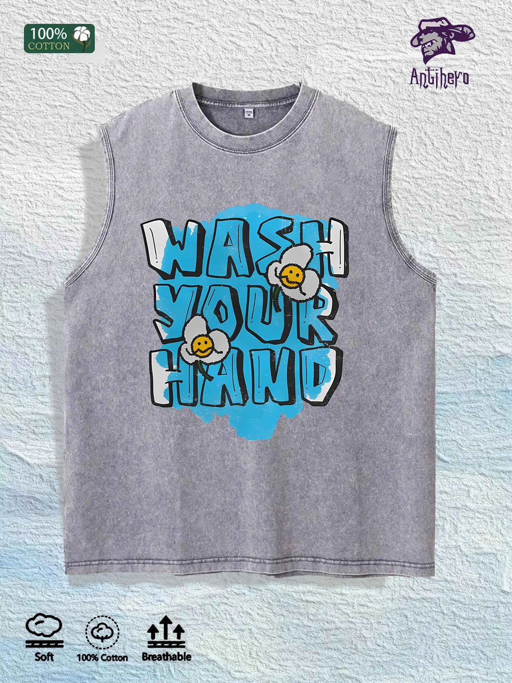WASH YOUR HAND Graphic Washed Vest US Warehouse 3 Colors Cotton Tank