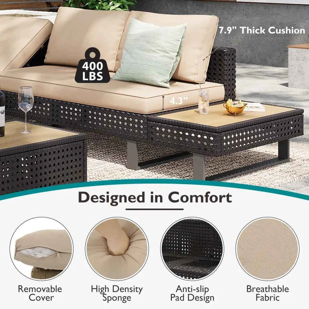 4 Pieces Diamond Weave Patio Sectional Furniture Set With Extendable Coffee Table with Ice Bucket for Backyard in Khaki+Brown