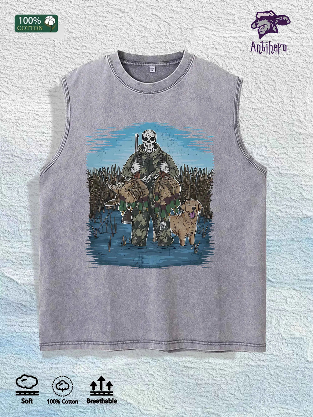 Hunting Skull & Dog Graphic Washed Vest US Warehouse 3 Colors Cotton Tank