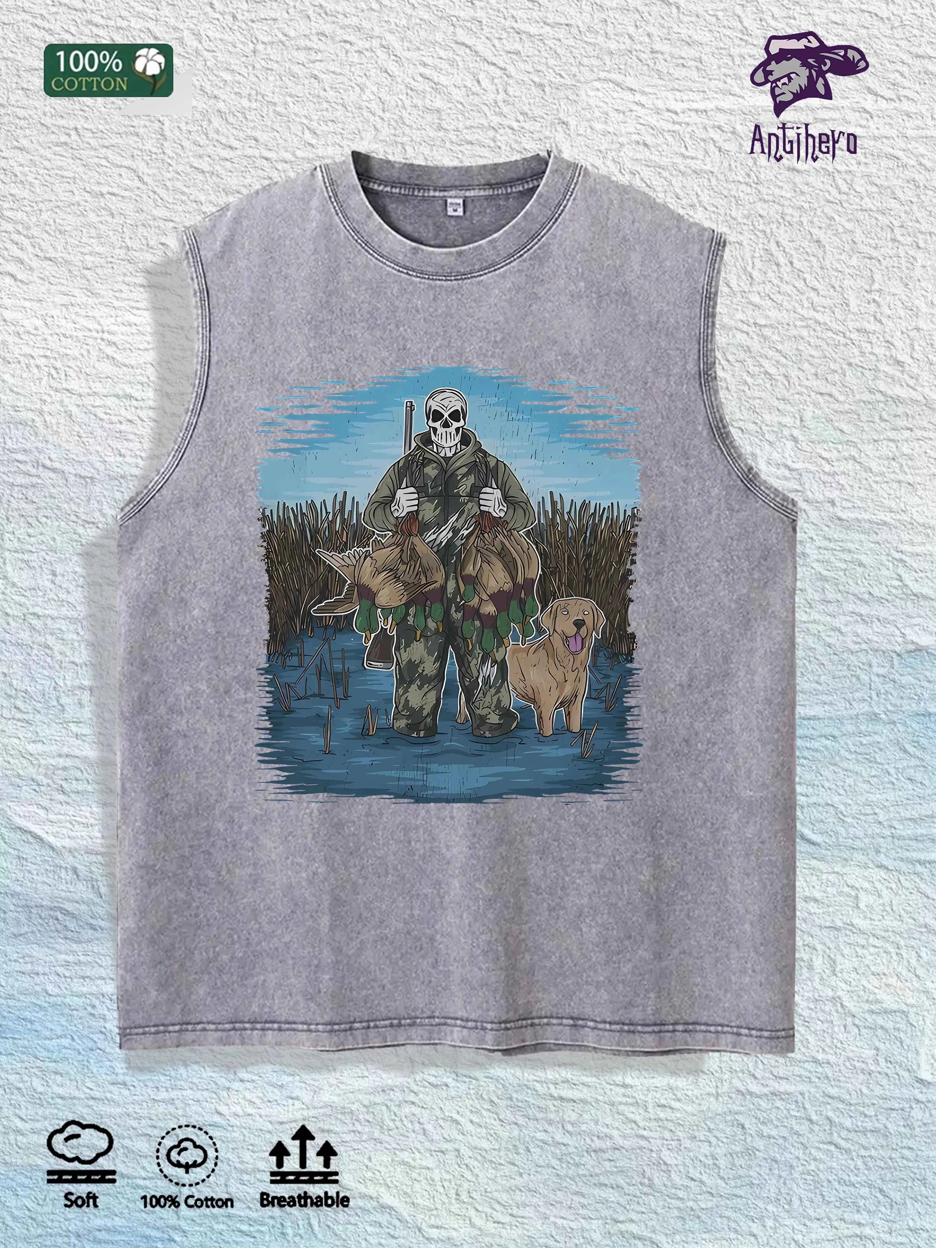 Hunting Skull & Dog Graphic Washed Vest US Warehouse 3 Colors Cotton Tank