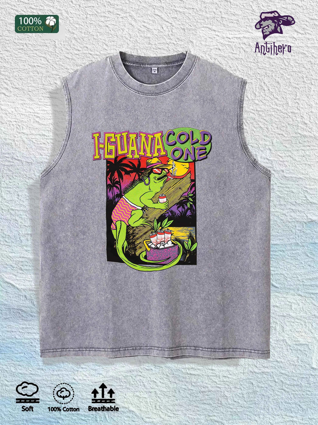 I - GUANA COLD ONE Graphic Washed Vest US Warehouse 3 Colors Cotton Tank