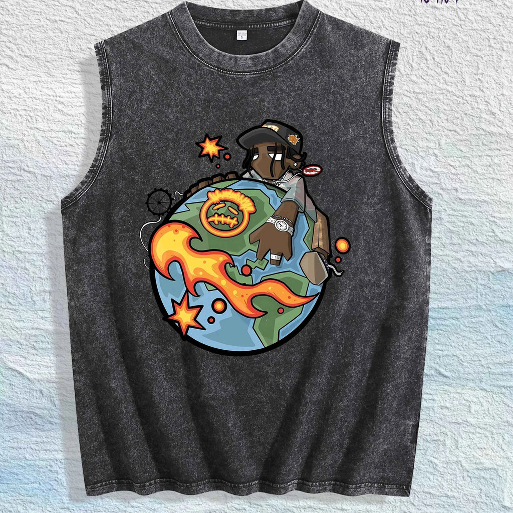 Cartoon Globe & Character Graphic Washed Vest US Warehouse 3 Colors Cotton Tank