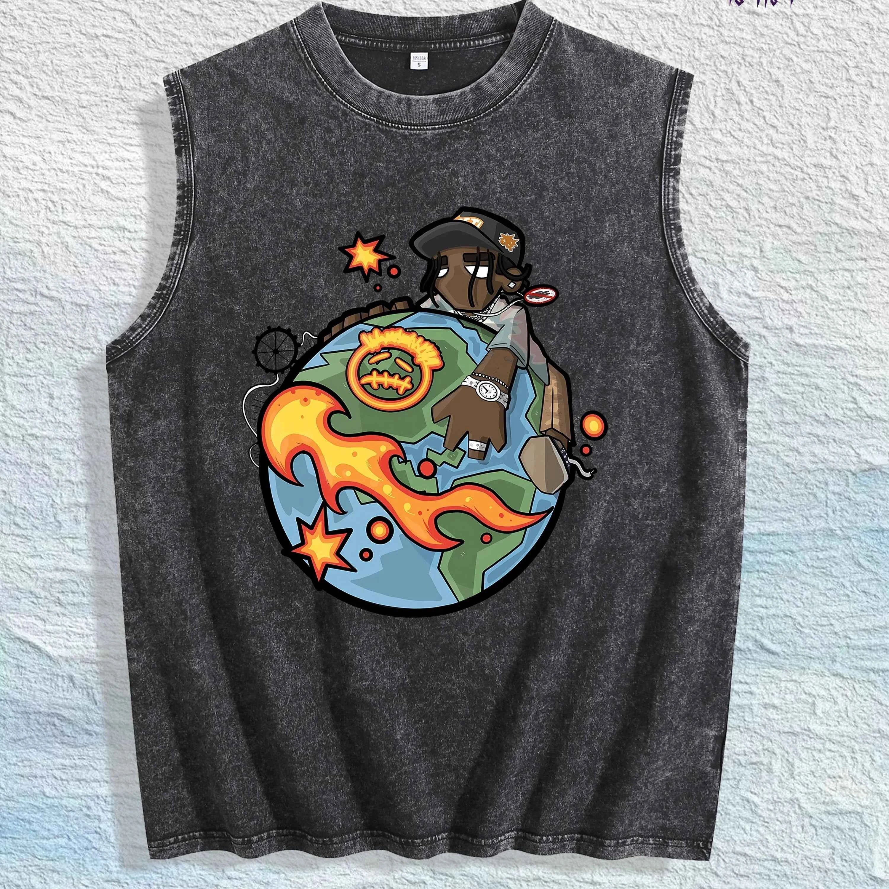 Cartoon Globe & Character Graphic Washed Vest US Warehouse 3 Colors Cotton Tank