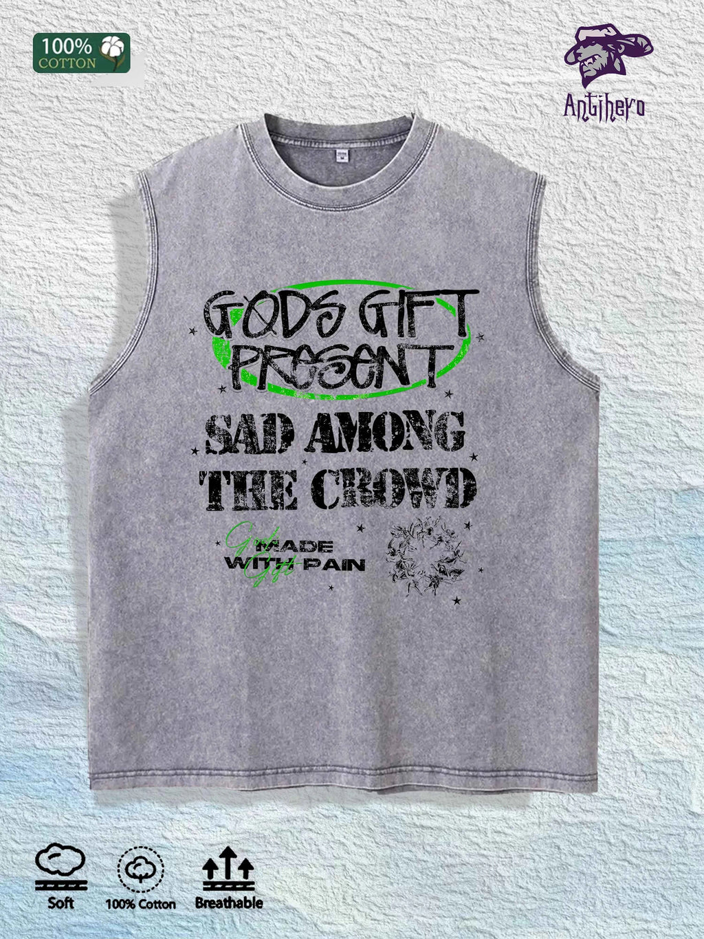 GODS GIFT PRESENT  Graphic Washed Vest US Warehouse 3 Colors Cotton Tank