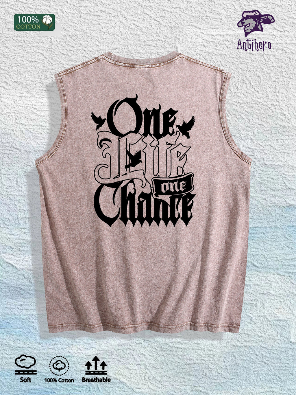 One Life One Chance Graphic Washed Vest US Warehouse 3 Colors Cotton Tank